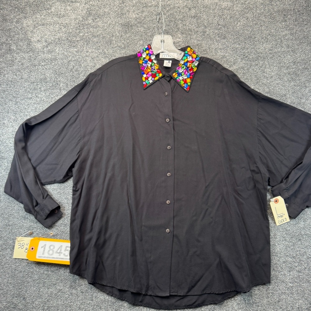 Compagnie Internationale Express Shirt Top Womens L Black Rhinestone Gem Collar